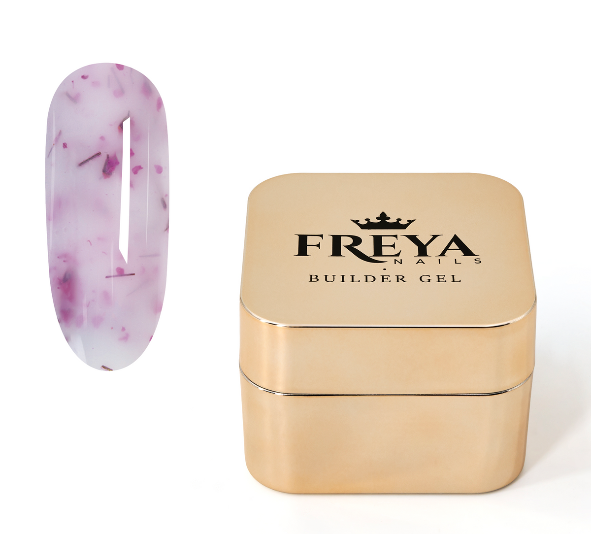 Imperial Bloom Builder Gel - 03 in a gold container with floral design on a nail swatch.