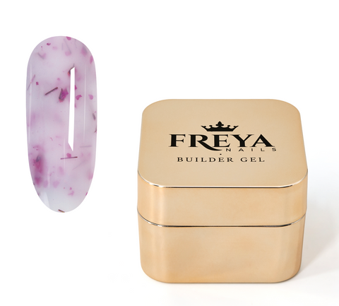 Imperial Bloom Builder Gel - 03 in a gold container with floral design on a nail swatch.