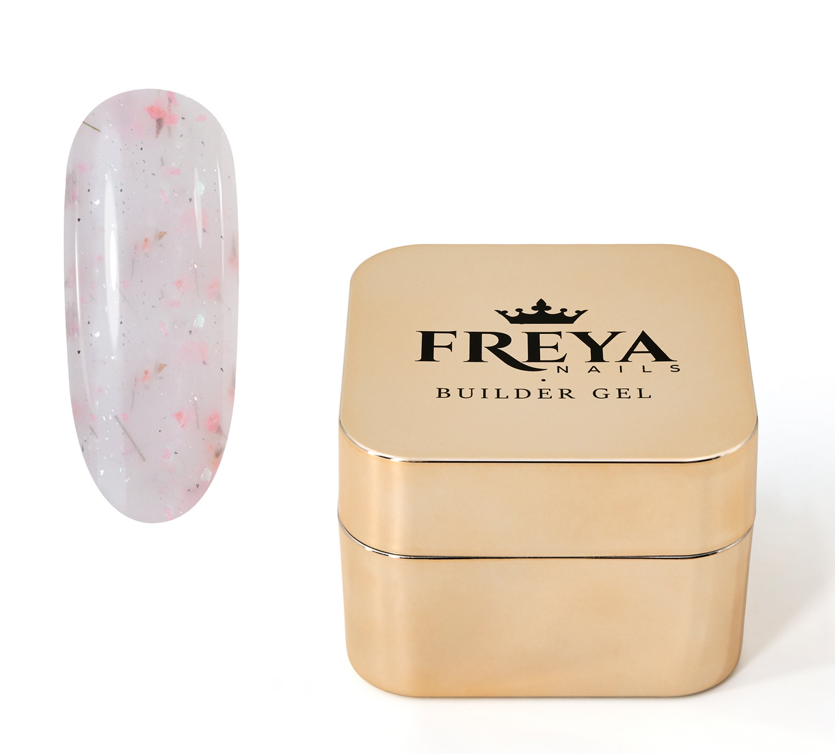 Imperial Bloom Builder Gel 05 - Pink Mist with a nail swatch and gold packaging for elegant nail designs.