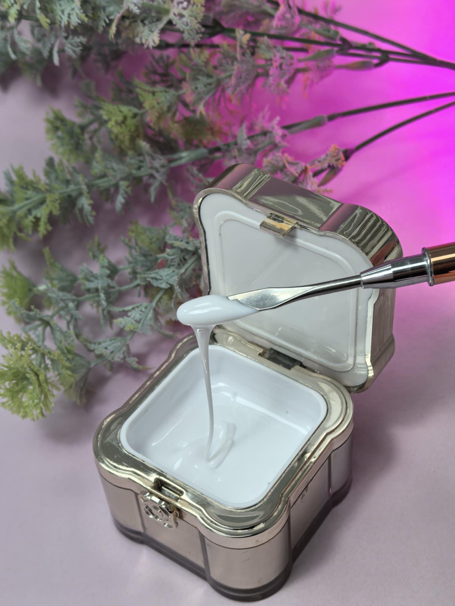 Lemmy Builder Gel 02 - Intensive Milky White in a jar with applicator brush, showcasing creamy self-leveling texture