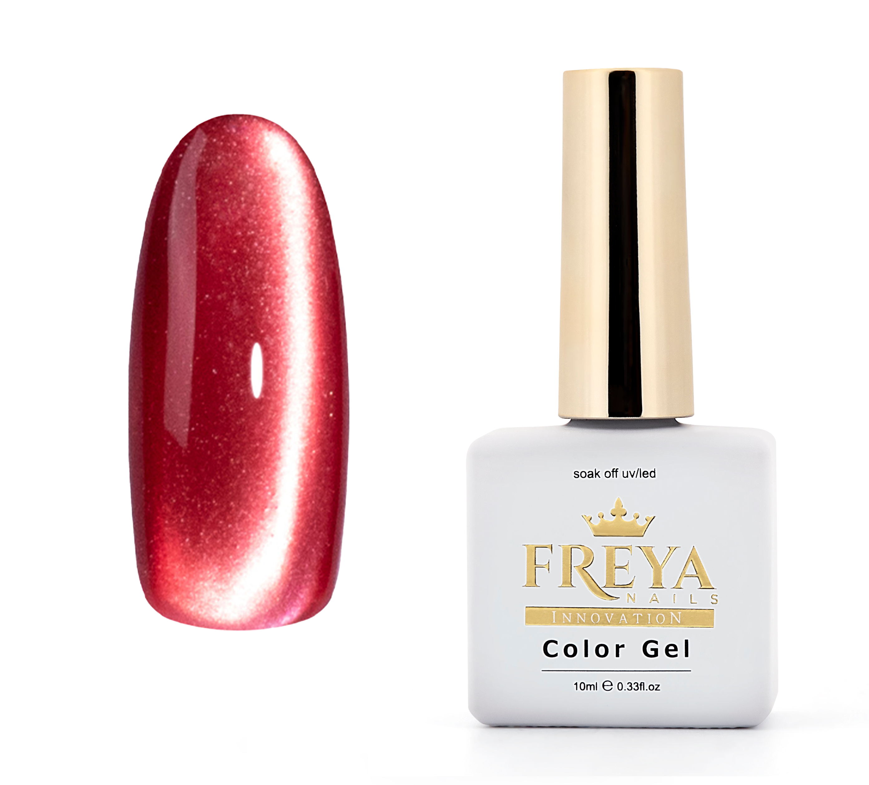 Гел лак Lux Cat Eye - 22, червено розов нюанс със стъклен блясък и бутилка Freya Nails