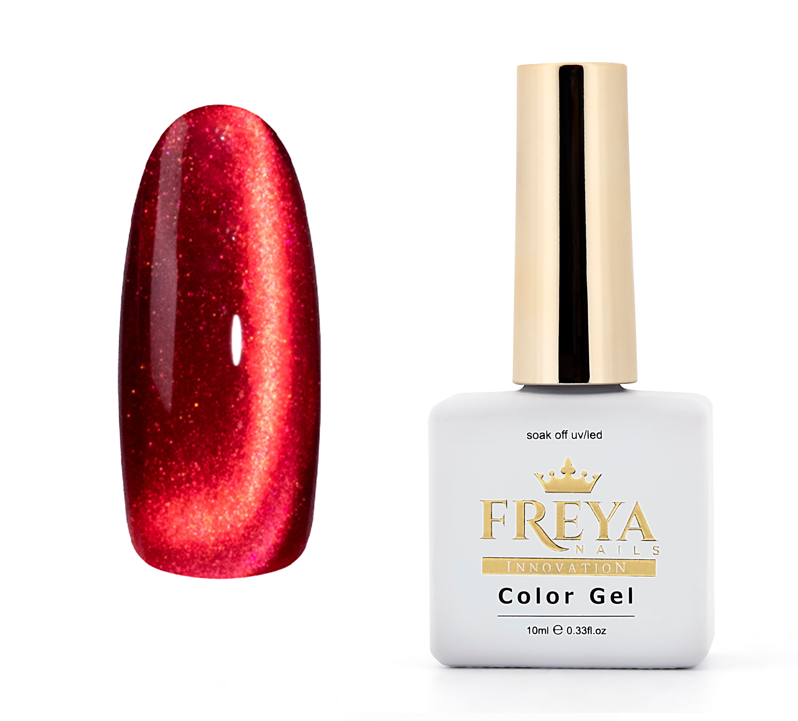 Гел лак Lux Cat Eye - 25 върху мостра с червено розов ефект и бутилка Freya Nails Color Gel, 10ml